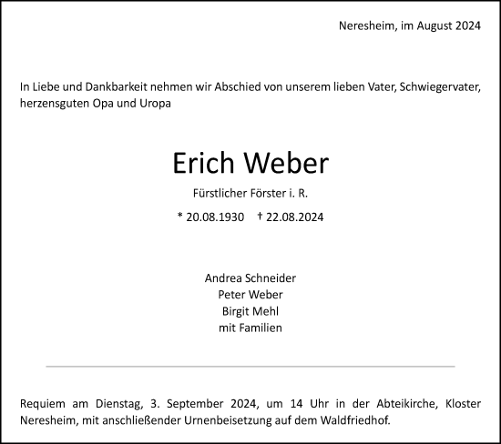 Traueranzeige von Erich Weber von Schwäbische Post