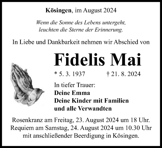 Traueranzeige von Fidelis Mai von Schwäbische Post