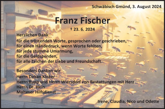 Traueranzeige von Franz Fischer von Gmünder Tagespost