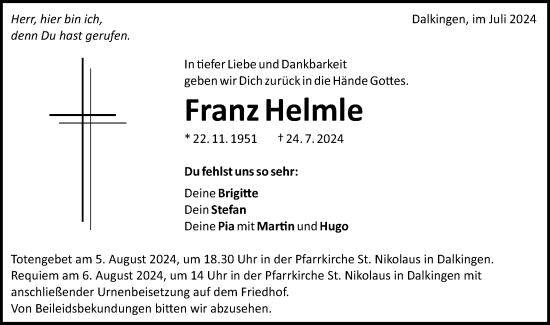 Traueranzeige von Franz Helmle von Schwäbische Post