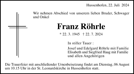 Traueranzeige von Franz Röhrle von Gmünder Tagespost