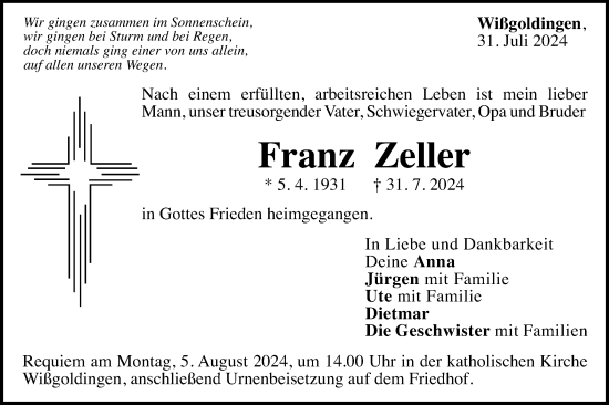 Traueranzeige von Franz Zeller von Gmünder Tagespost