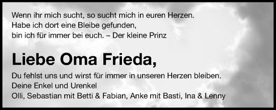 Traueranzeige von Frieda  von Schwäbische Post