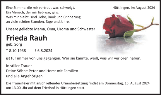 Traueranzeige von Frieda Rauh von Schwäbische Post