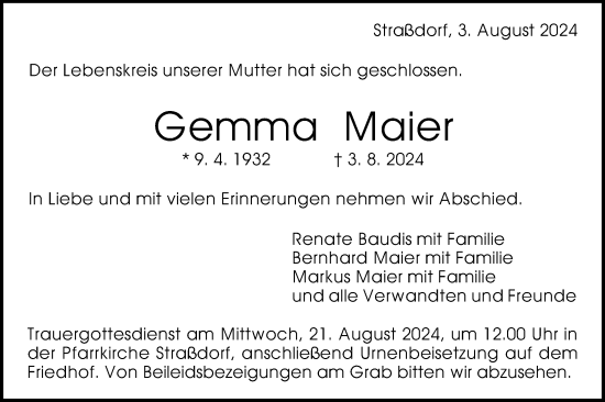 Traueranzeige von Gemma Maier von Gmünder Tagespost