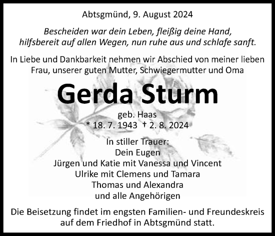 Traueranzeige von Gerda Sturm von Schwäbische Post