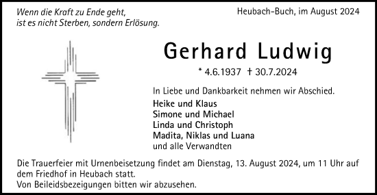 Traueranzeige von Gerhard Ludwig von Gmünder Tagespost