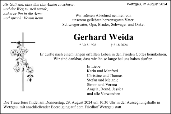 Traueranzeige von Gerhard Weida von Gmünder Tagespost