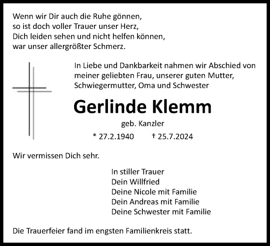 Traueranzeige von Gerlinde Klemm von Schwäbische Post