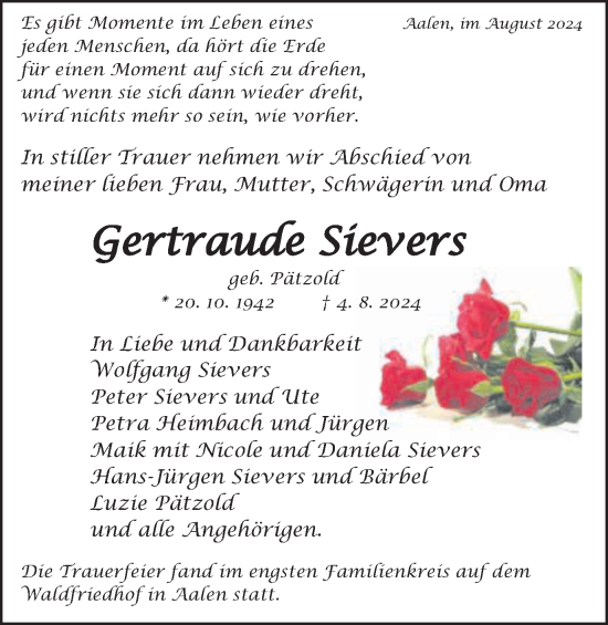 Traueranzeige von Gertraude Sievers von Schwäbische Post