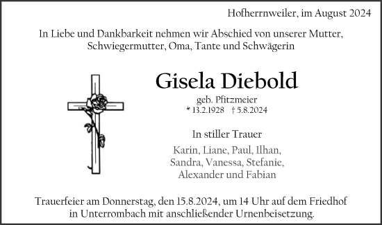 Traueranzeige von Gisela Diebold von Schwäbische Post