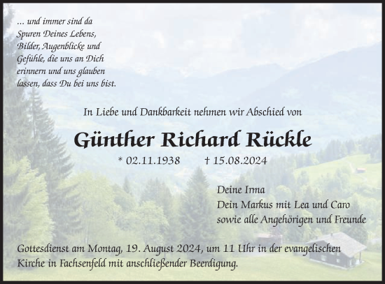 Traueranzeige von Günther Richard Rückle von Schwäbische Post