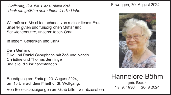 Traueranzeige von Hannelore Böhm von Schwäbische Post