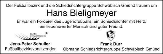 Traueranzeige von Hans Bieligmeyer von Gmünder Tagespost