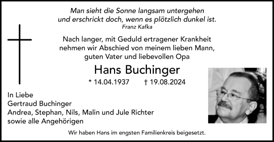 Traueranzeige von Hans Buchinger von Schwäbische Post