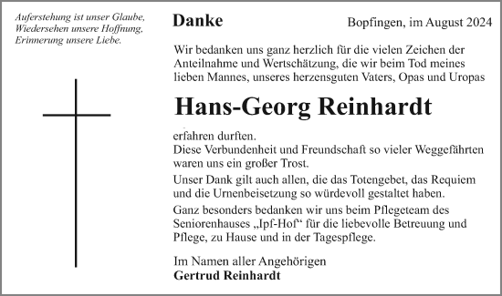 Traueranzeige von Hans-Georg Reinhardt von Schwäbische Post