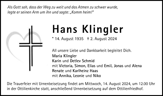 Traueranzeige von Hans Klingler von Gmünder Tagespost