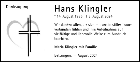 Traueranzeige von Hans Klingler von Gmünder Tagespost