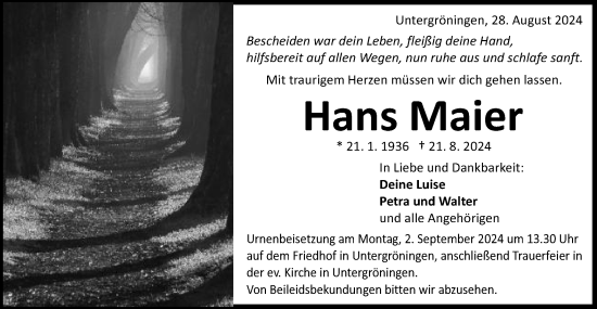 Traueranzeige von Hans Maier von Schwäbische Post