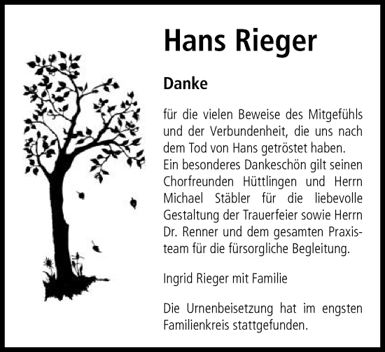Traueranzeige von Hans Rieger von Schwäbische Post