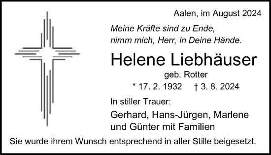 Traueranzeige von Helene Liebhäuser von Schwäbische Post