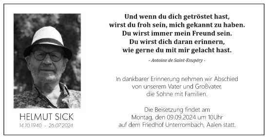 Traueranzeige von Helmut Sick von Schwäbische Post