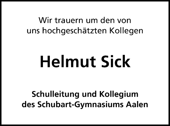 Traueranzeige von Helmut Sick von Schwäbische Post