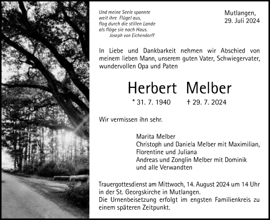 Traueranzeige von Herbert Melber von Gmünder Tagespost