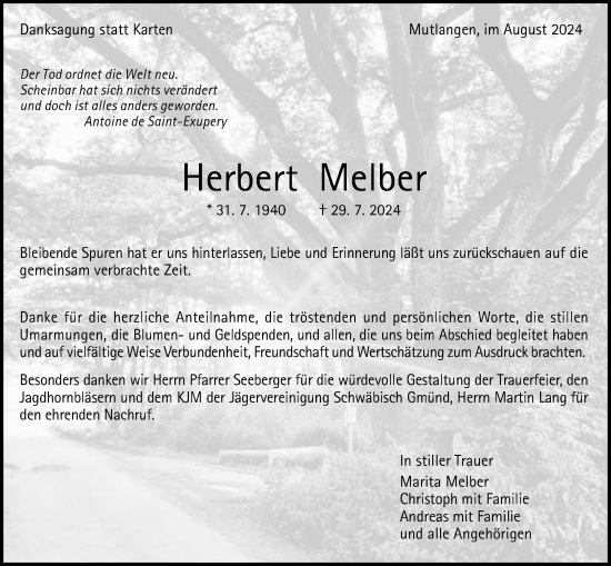Traueranzeige von Herbert Melber von Gmünder Tagespost