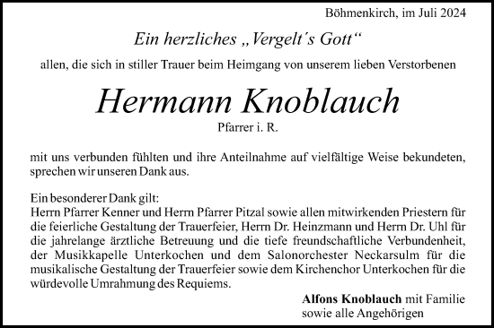 Traueranzeige von Hermann Knoblauch von Schwäbische Post