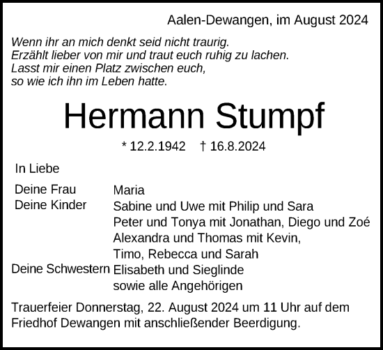 Traueranzeige von Hermann Stumpf von Schwäbische Post