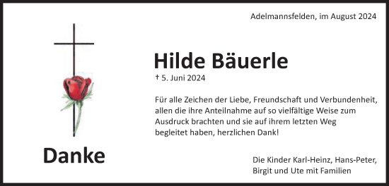 Traueranzeige von Hilde Bäuerle von Schwäbische Post