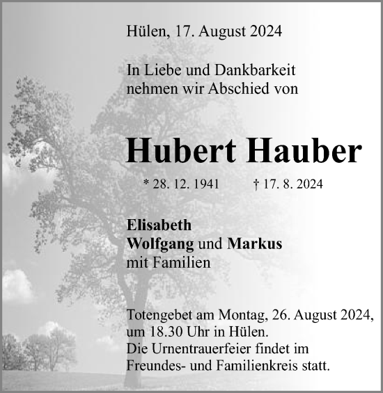 Traueranzeige von Hubert Hauber von Schwäbische Post