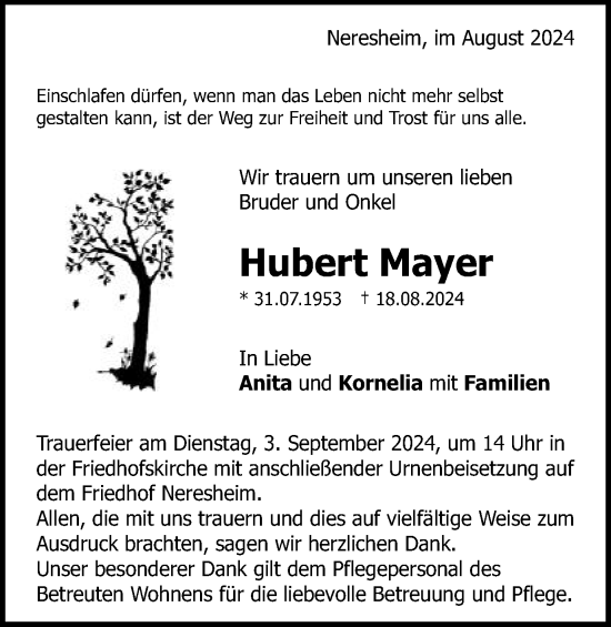 Traueranzeige von Hubert Mayer von Schwäbische Post