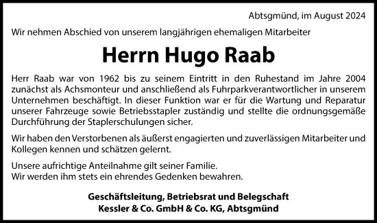 Traueranzeige von Hugo Raab von Schwäbische Post