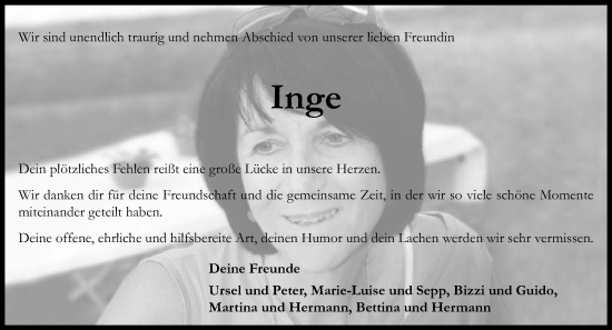 Traueranzeige von Inge  von Schwäbische Post