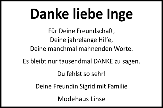 Traueranzeige von Inge  von Schwäbische Post