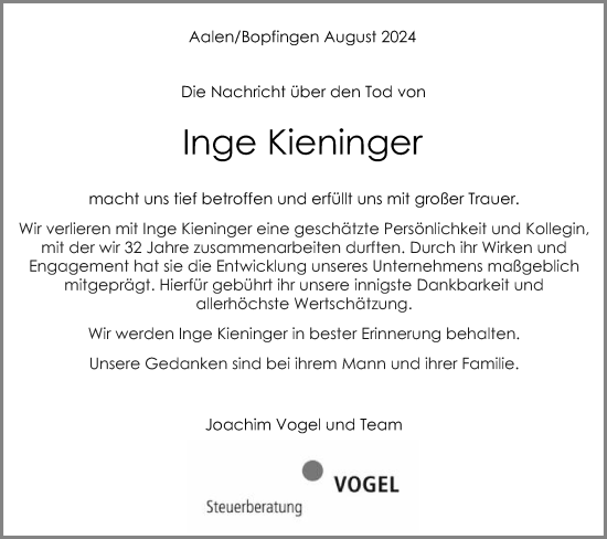 Traueranzeige von Inge Kieninger von Schwäbische Post