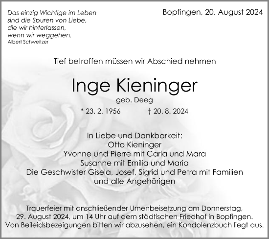 Traueranzeige von Inge Kieninger von Schwäbische Post