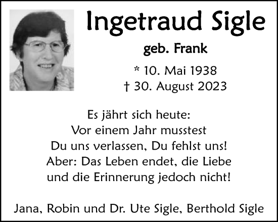 Traueranzeige von Ingetraud Sigle von Schwäbische Post