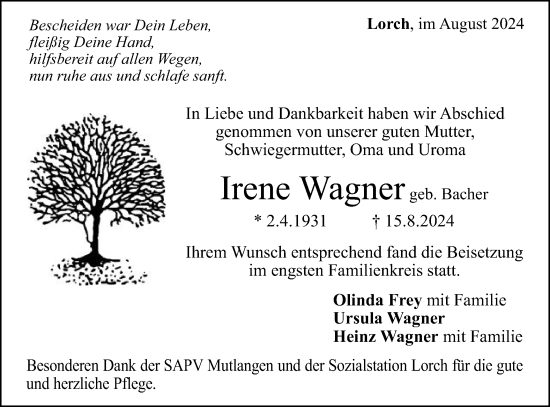 Traueranzeige von Irene Wagner von Gmünder Tagespost