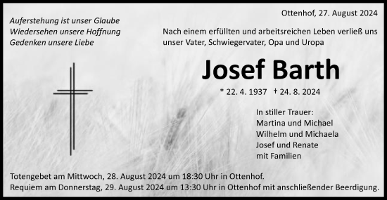 Traueranzeige von Josef Barth von Schwäbische Post