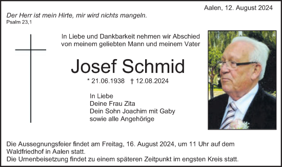 Traueranzeige von Josef Schmid von Schwäbische Post