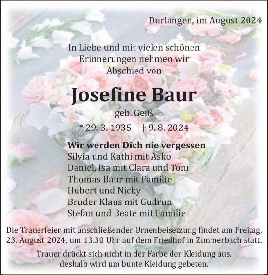 Traueranzeige von Josefine Baur von Gmünder Tagespost
