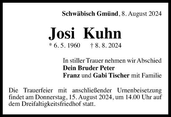Traueranzeige von Josi Kuhn von Gmünder Tagespost