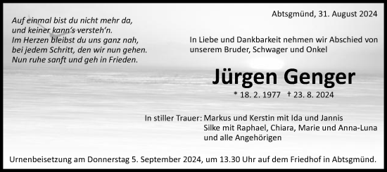 Traueranzeige von Jürgen Genger von Schwäbische Post