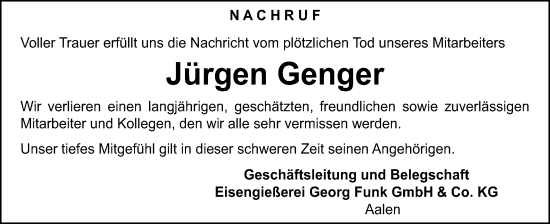 Traueranzeige von Jürgen Genger von Schwäbische Post