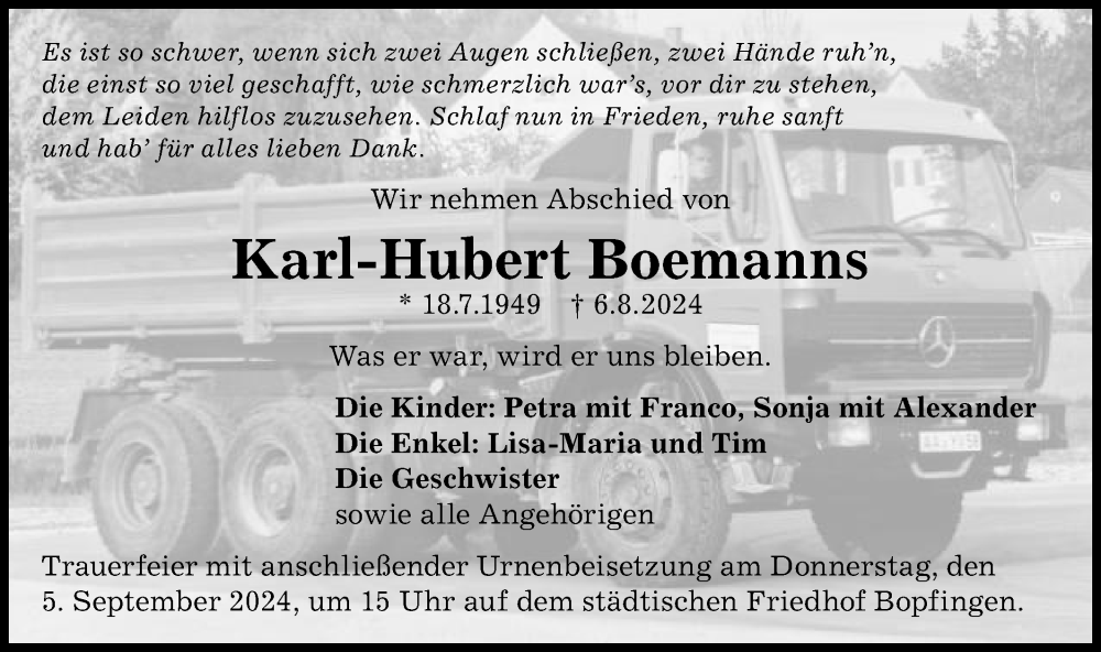  Traueranzeige für Karl-Hubert Boemanns vom 29.08.2024 aus Schwäbische Post