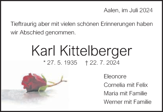 Traueranzeige von Karl Kittelberger von Schwäbische Post