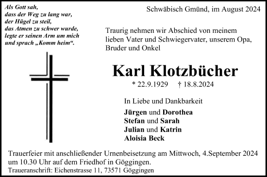 Traueranzeige von Karl Klotzbücher von Gmünder Tagespost